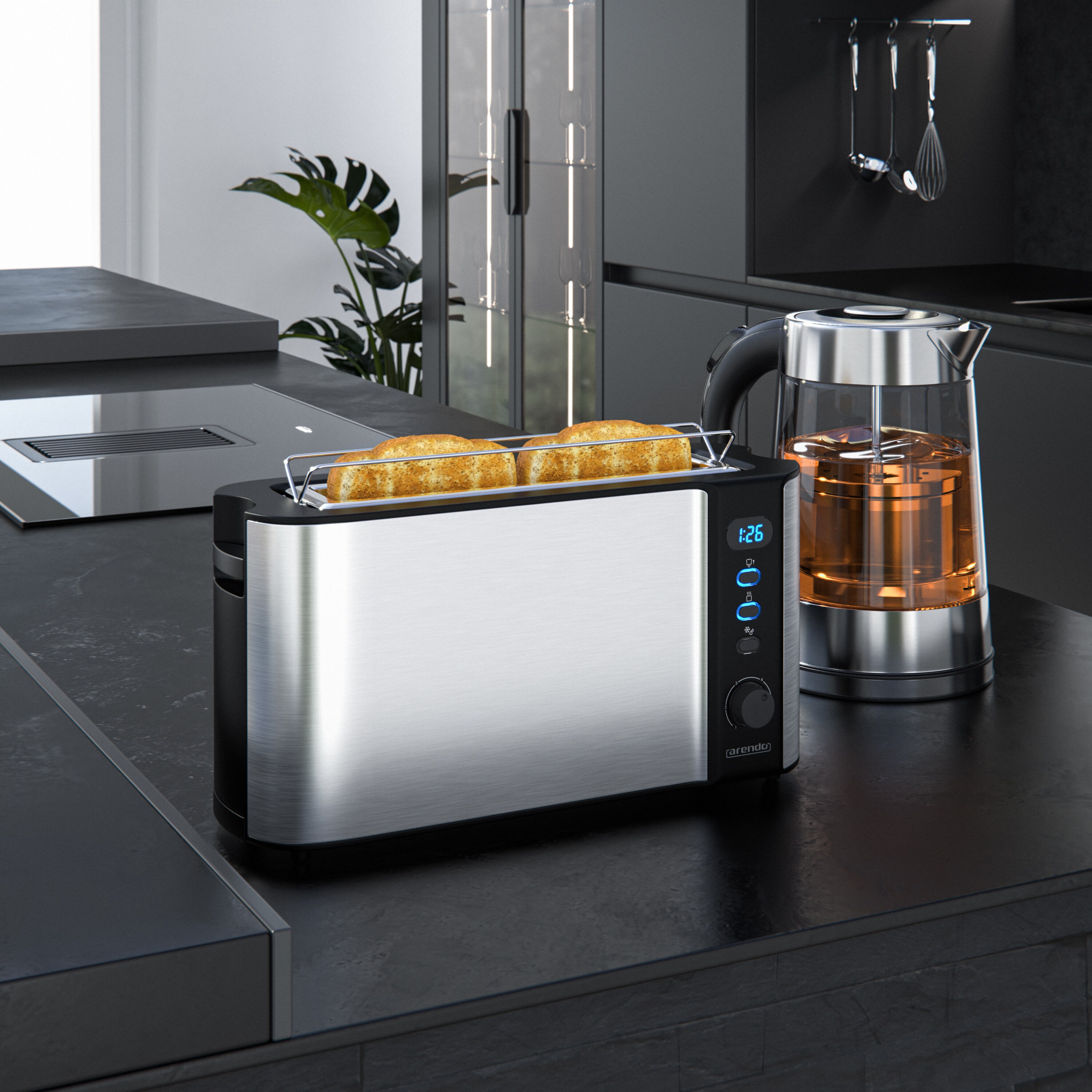 Arendo Frühstücks Set in Edelstahloptik Wasserkocher (mit Teesieb) & Toaster
