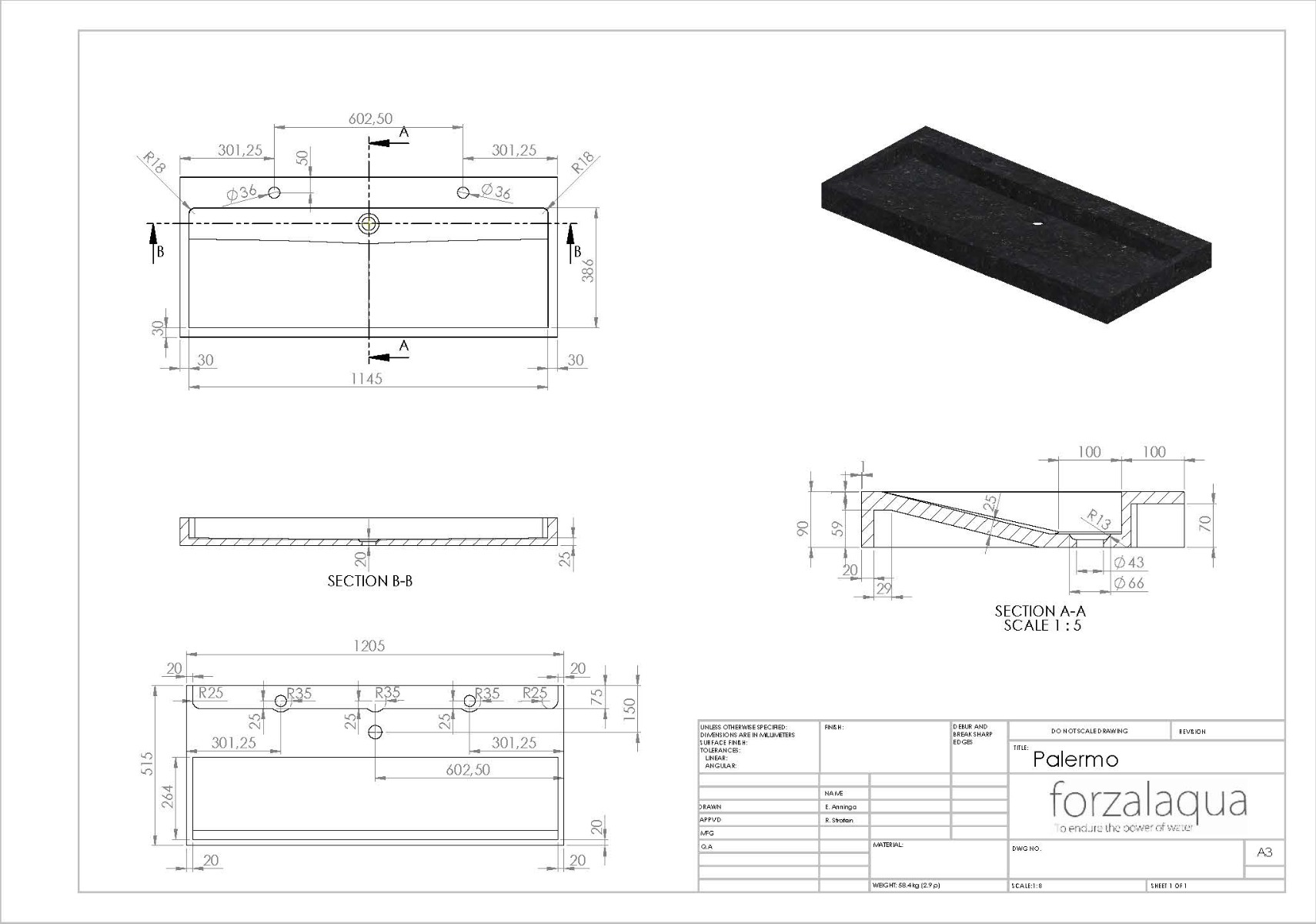 Forzalaqua Gela badmeubel 120cm charcoal met Palermo wastafel graniet gekapt met 2 kraangaten