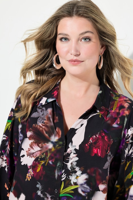 Bluse, A-Linie, Blumen-Druck, Langarm