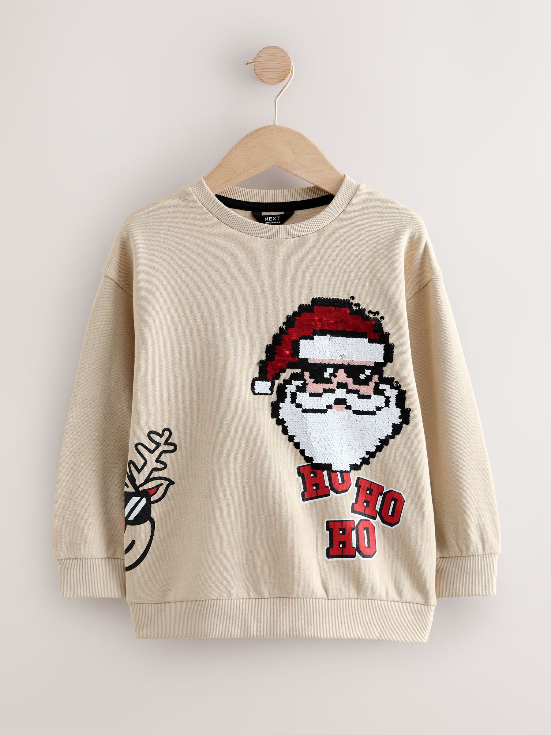 Pastelgeel - Sweatshirt met pailletten en kerstmanprint met ronde hals (3-16jr)