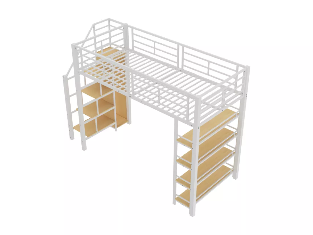 Lit mezzanine 90x200cm, lit enfant avec échelles et étagères de rangement et petite penderie, design haute clôture, blanc