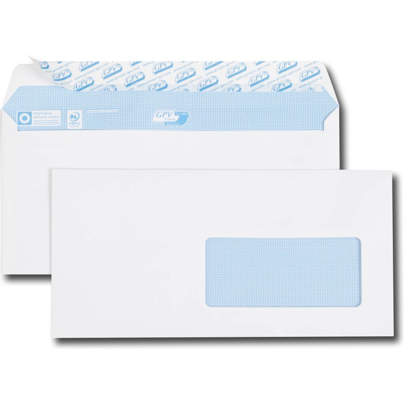Enveloppe blanche 110 x 220 mm GPV  90 g avec fenêtre 45 x 100 mm - Boîte de 500