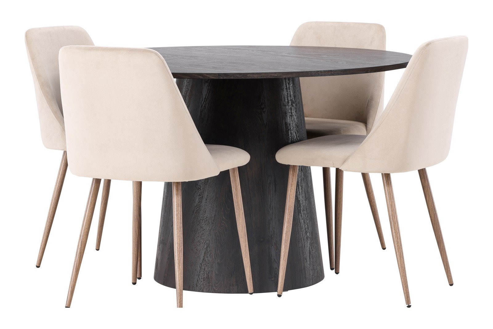 Lanzo og Night Spisegruppe Lanzo rundt spisebord ø120cm i mocca med 4 stk. Night spisestoler i Brown og mørk valnøtt ben.