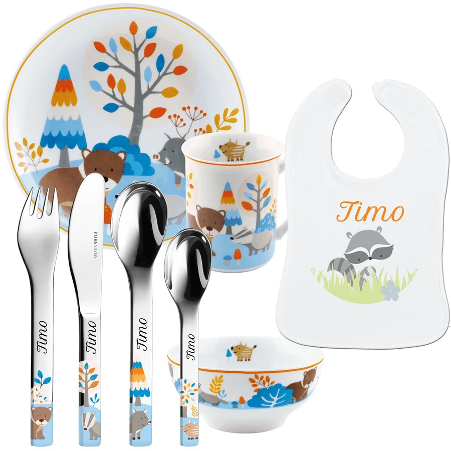 Schnullireich Geschenkset mit Namen Friends: Puresigns Kinderbesteck + Geschirr + Lätzchen Silber