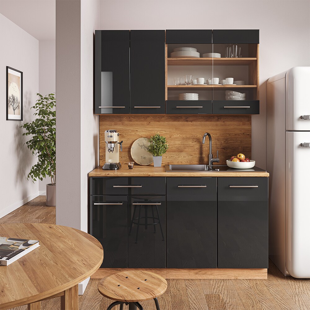 Vicco Küchenzeile Küchenblock Einbauküche Fame-Line Single Eiche Anthrazit 140 cm modern Küchen Schränke Spülenunterschrank Schubunterschrank Hängeschrank Hängeglasschrank Hochglanz