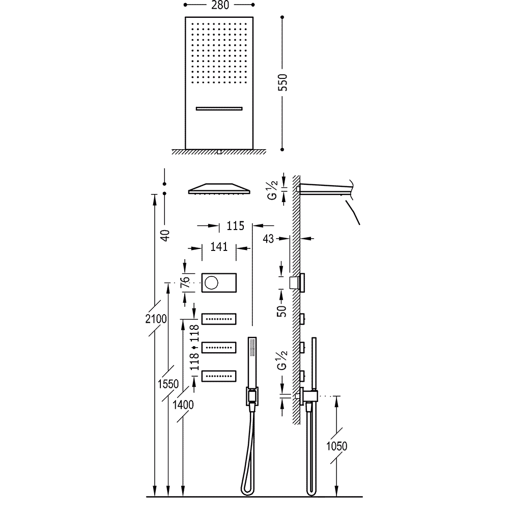 Tres Shower Technology elektronische inbouwthermostaat met regendouche 28x55cm incl handdouche en massagejets mat zwart