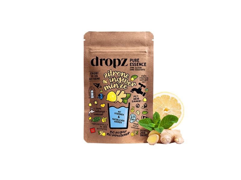 Dropz Pure Essence – Zitrone Ingwer Minze 1 Beutel à 20 Stü Das spritzige Erfrischungsgetränk für unterwegs