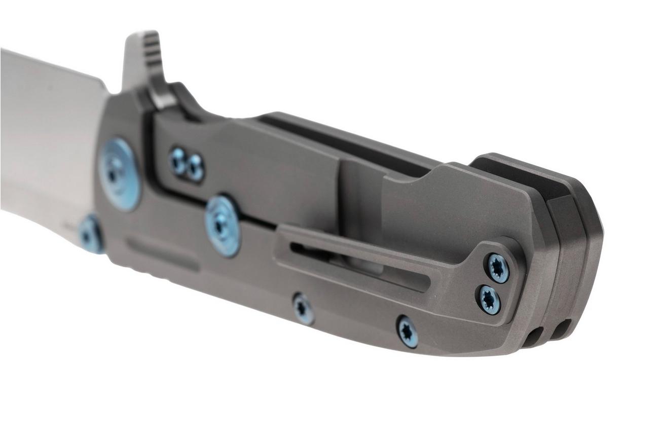 Reate District 9 V2, 9DV2-BE-SAT-TI-BLU, Satin 154CM, Bead Blasted Titanium, Blue Hardware zakmes