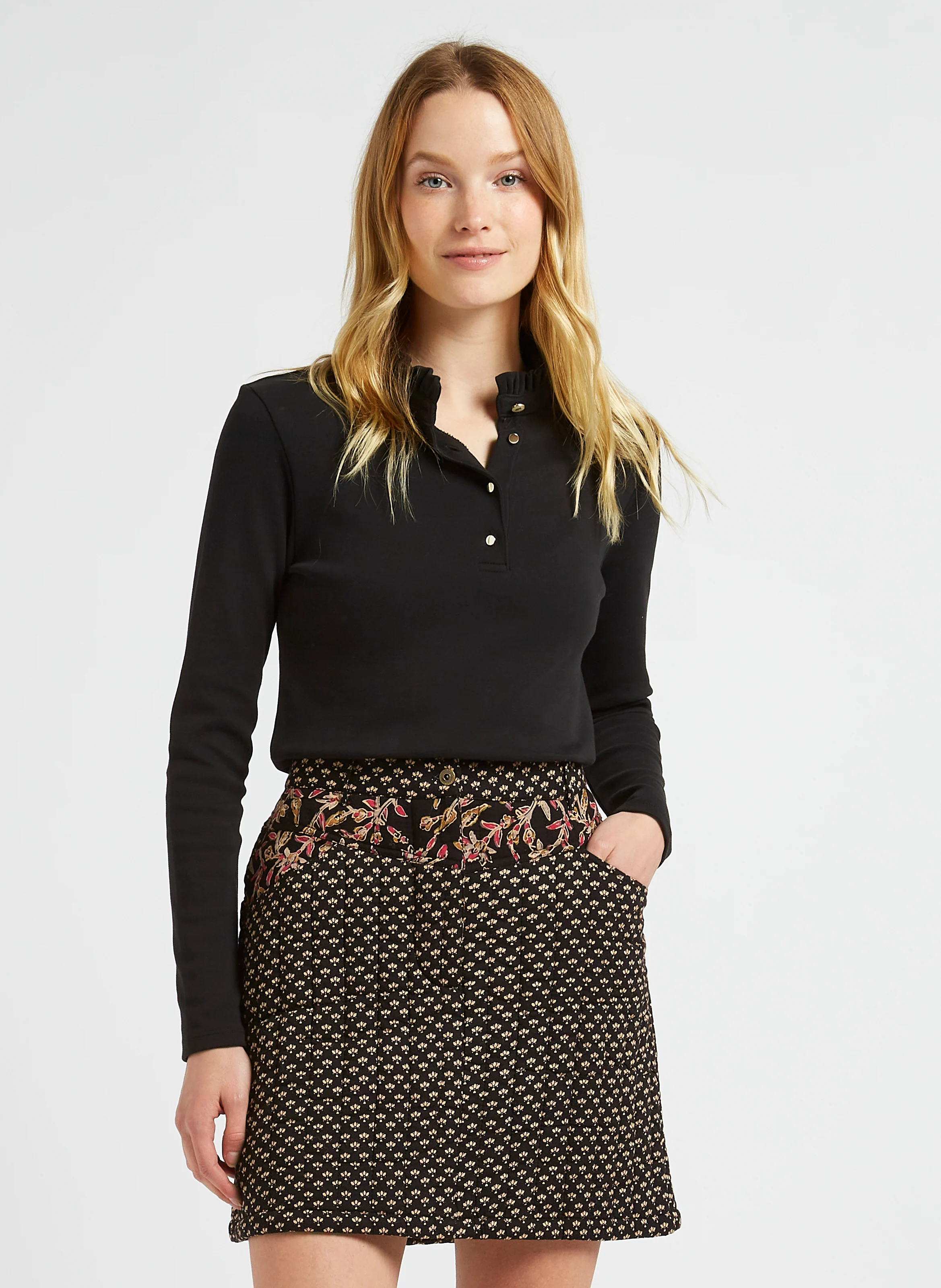 Tee-shirt col victorien en coton | Noir