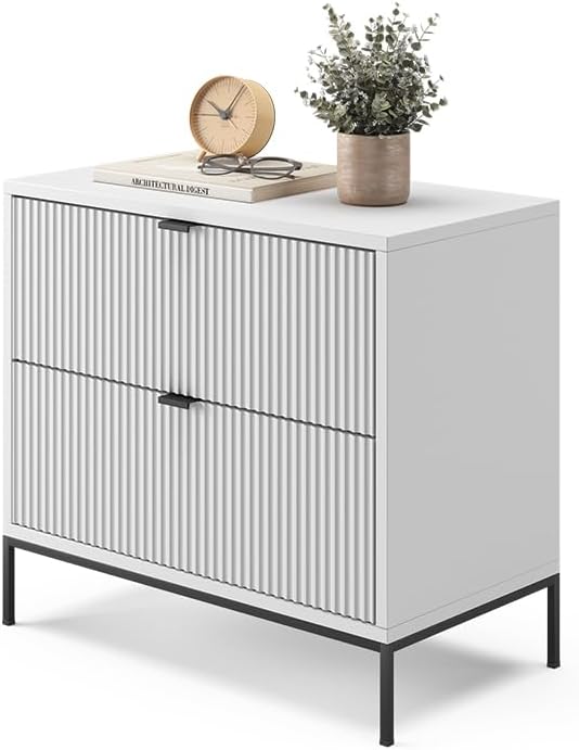 Vicco Nachttisch Eliza, Nachtkommode, Weiß, 66 x 60 cm mit 2 Schubladen