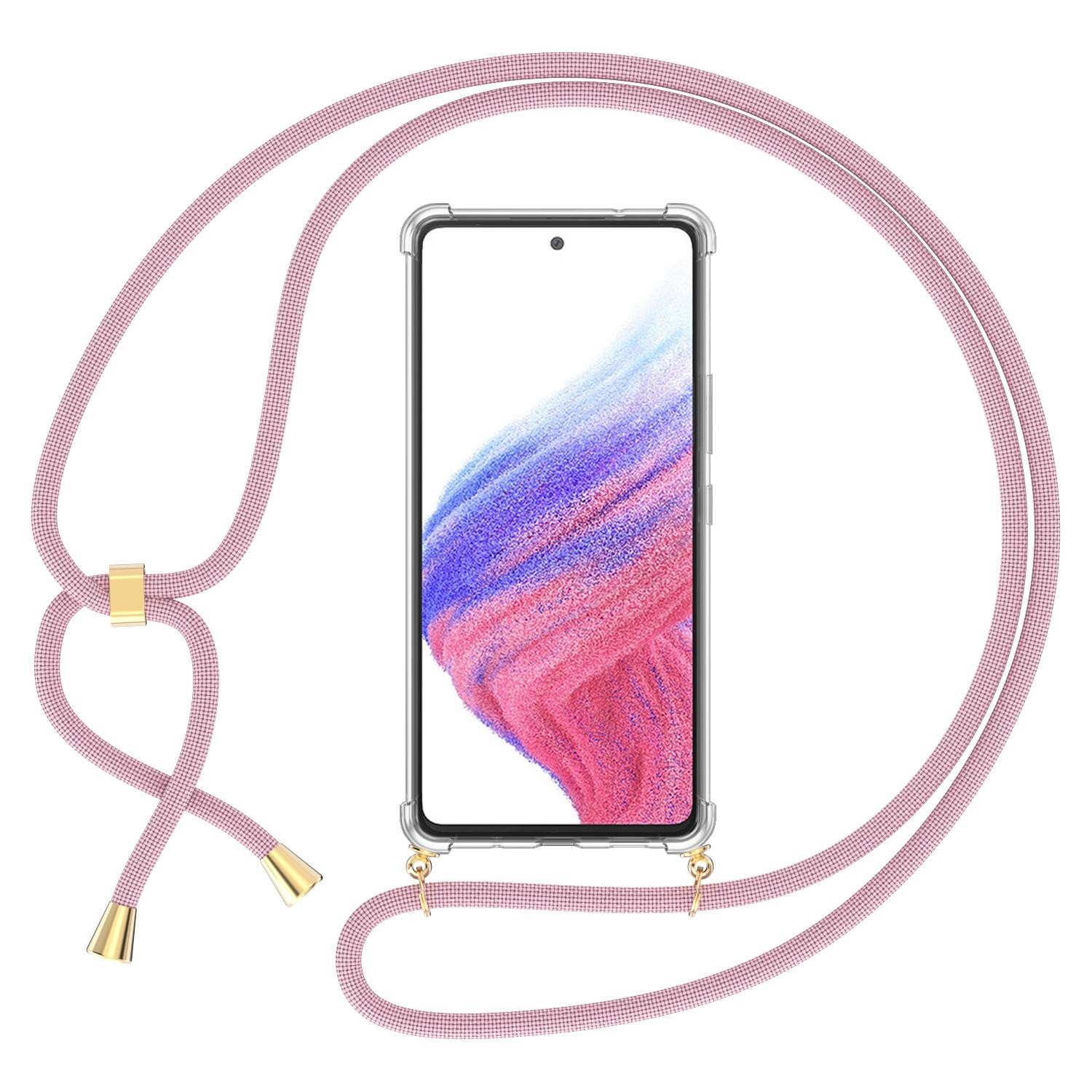 Samsung Galaxy A54 5G Necklace Gummi Hülle Air Cushion Fallschutz   Handykette (150cm) - Roségold / Gold