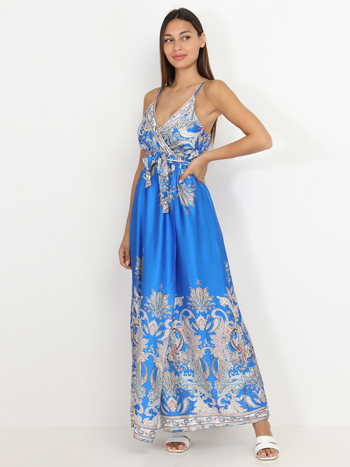 Robe portefeuille fendue à motif cachemire- Bleu