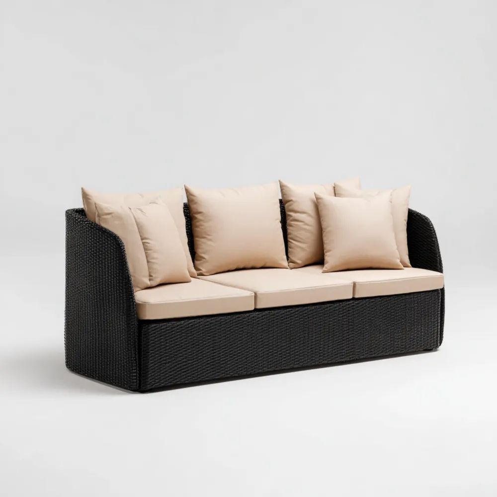 3-Sitzer-Gartensofa Rattan 200x75x70 cm – Beige/Schwarz – Modernes Des