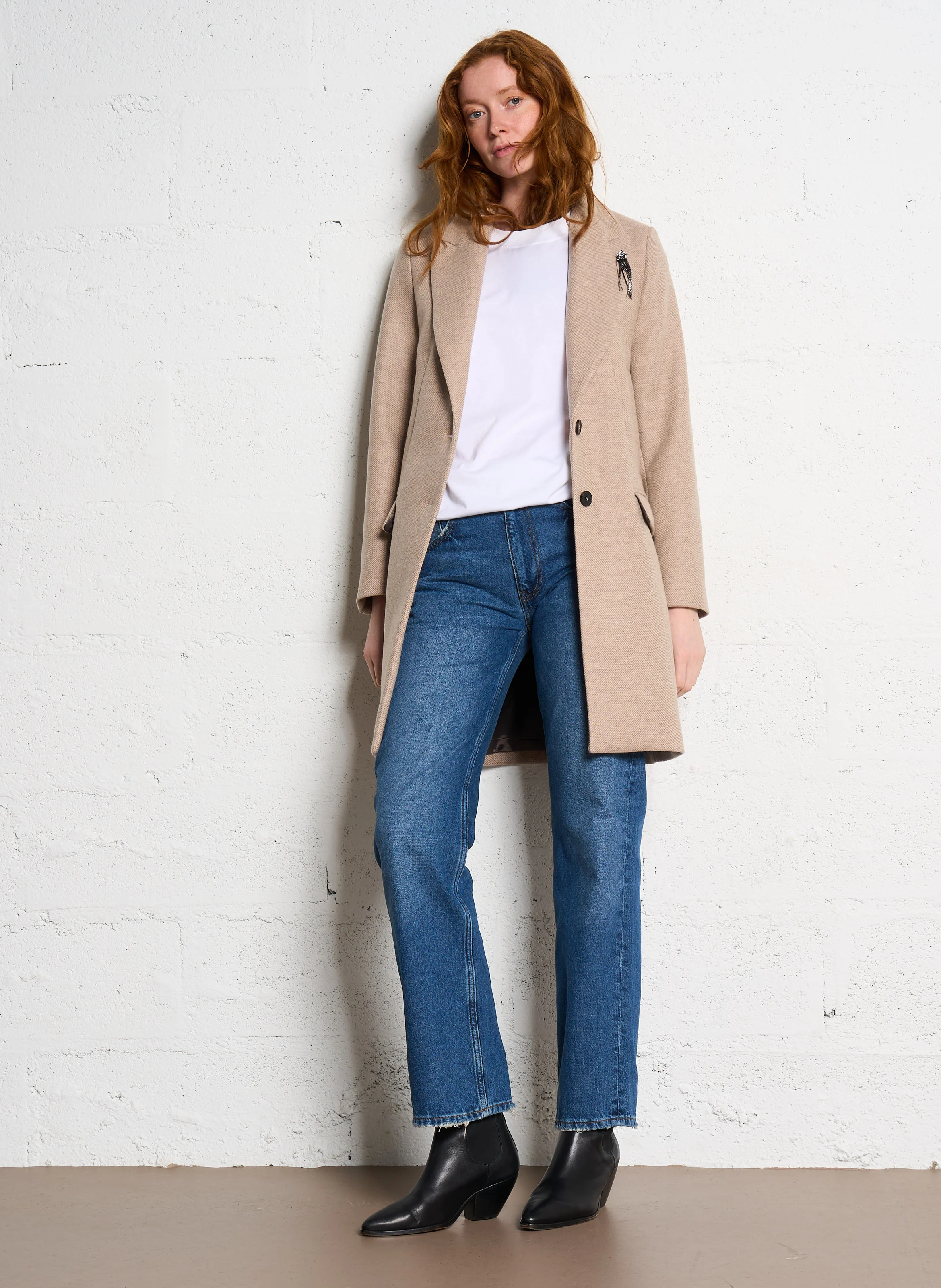Manteau mi-long droit en laine mélangée | Beige