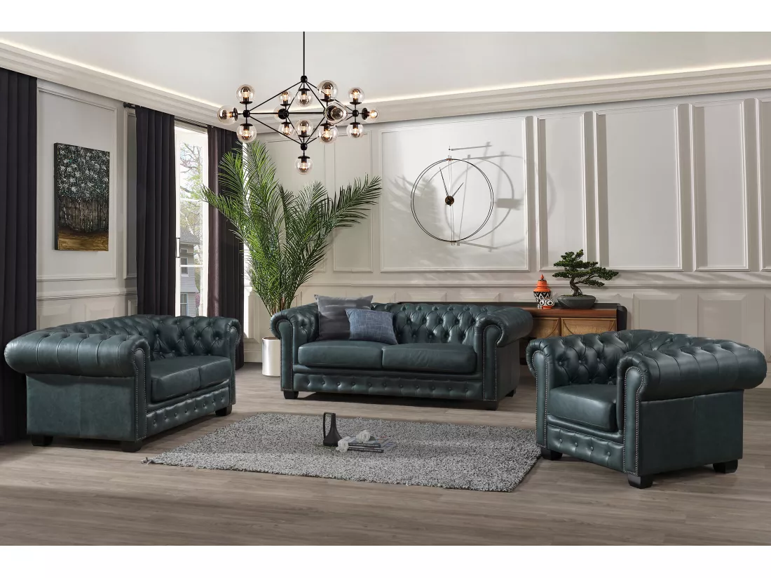 Canapé chesterfield 2 places BRENTON 100% cuir de buffle premium - Vert de gris