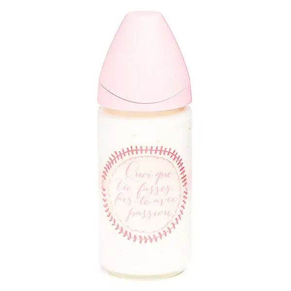 Mamadeira de vidro Suavinex Meaningful Life, rosa, com capa de silicone, 240ml