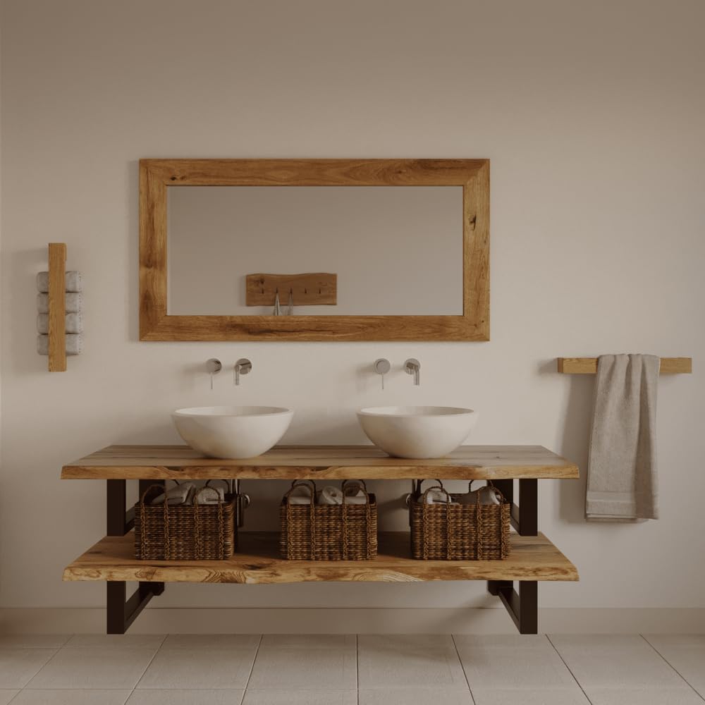 BestLoft Waschtischplatte (Länge: 175 cm/Breite: 55-60 cm) Waschtisch Eiche massiv 40 mm dick mit Baumkante - rustikale Waschtischkonsole