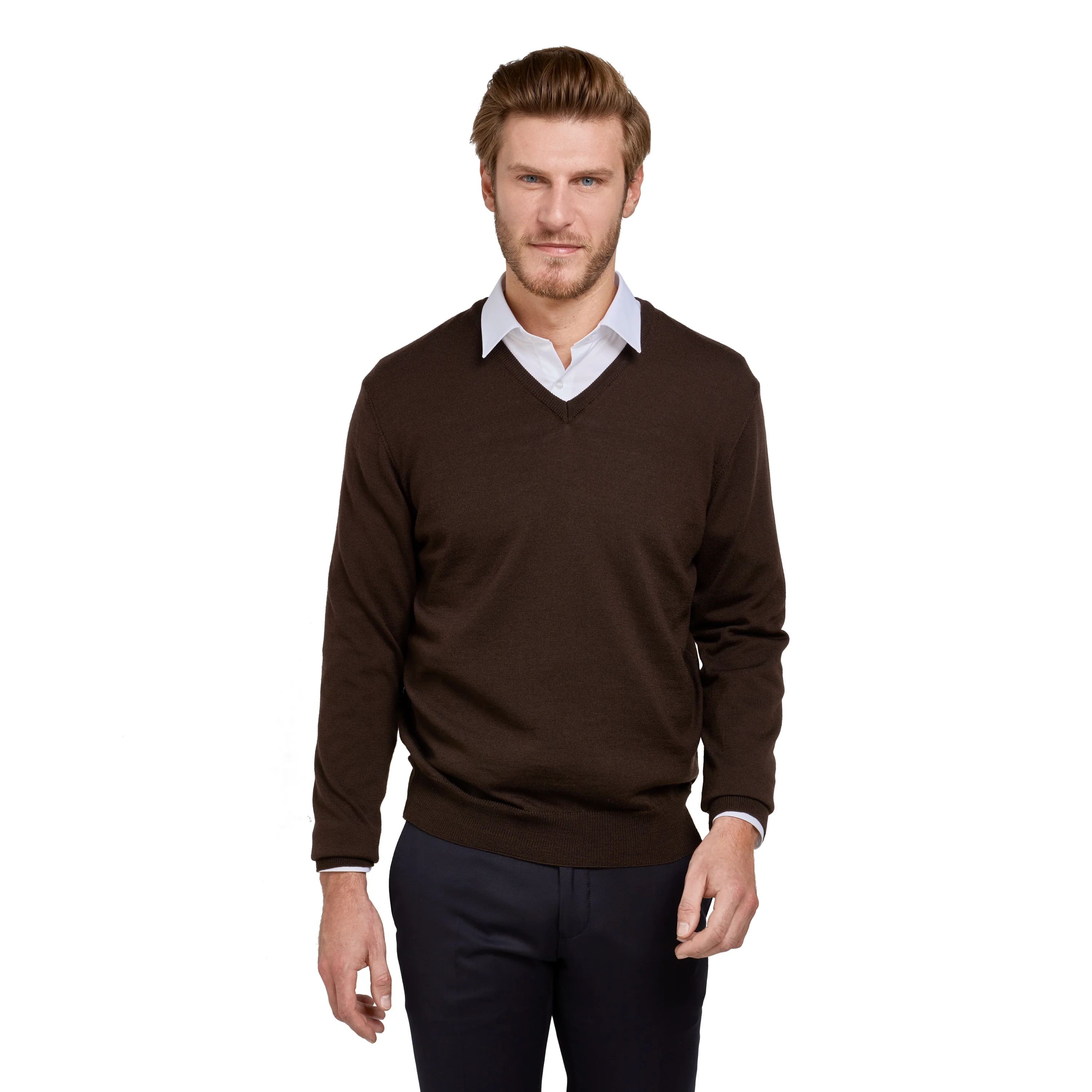 Pull col v 100% pure laine Mérinos marron