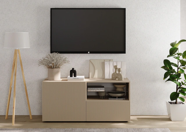INOSIGN Lowboard »Rio Breite 120 cm, TV-Board 1 Tür u. 1 Schubkasten, TV-Schrank« geriffelte MDF-Fronten, modern u. elegant, Kabelführung, platzsparend