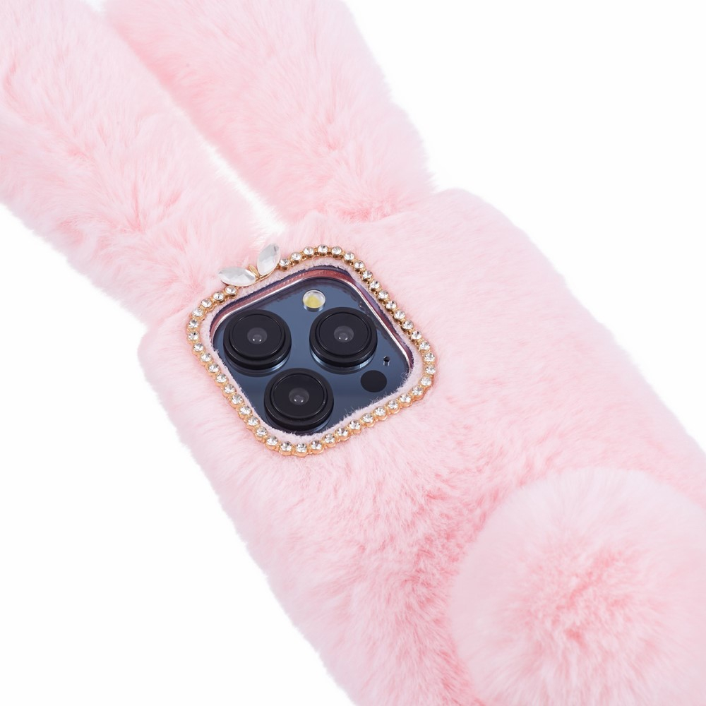 iPhone 15 Pro Max 3D Gummi Plüsch Case Hülle Bunny mit Flauschigen Hasenohren - Rosa