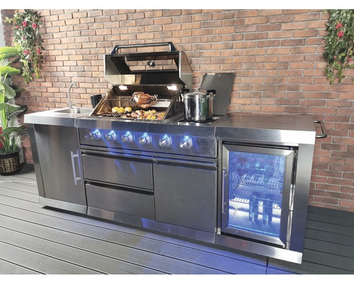 Buschbeck Oxford gasgrill buitenkeuken met 4 branders, zijbrander, RVS rooster, spoelbak met kraan en koelkast