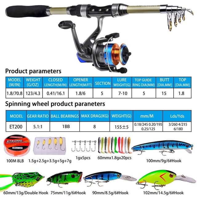 1,8 m Fiskestang Kastestang Spinnestang Combo Sæt fiskehjul lokkemad