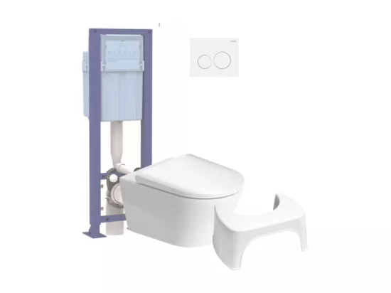 Pack WC suspendu sans bride DURAVIT D-Neo avec abattant frein de chute + bati support SIAMP + Plaque chromée + Tabouret