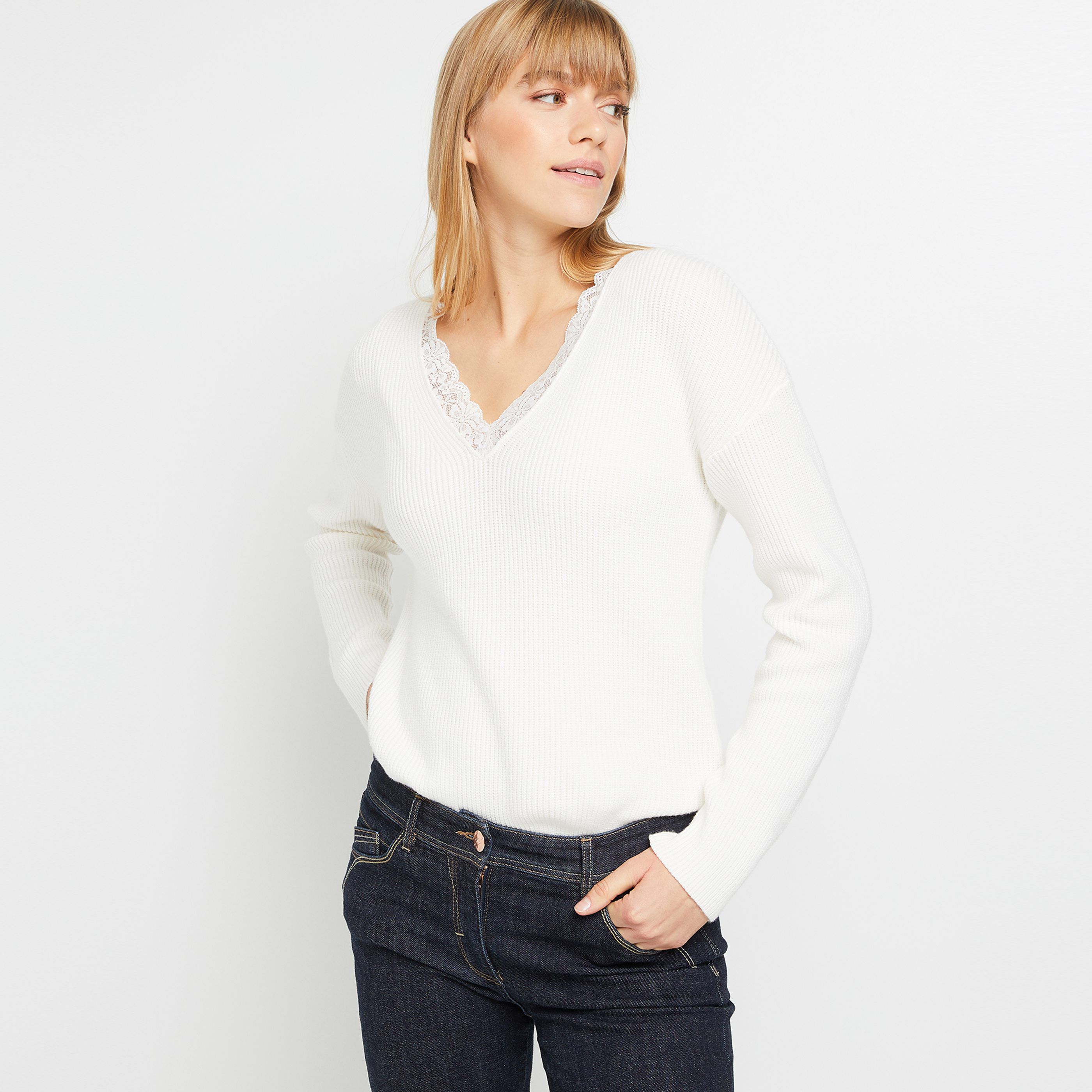 Pull col V femme - BLANC