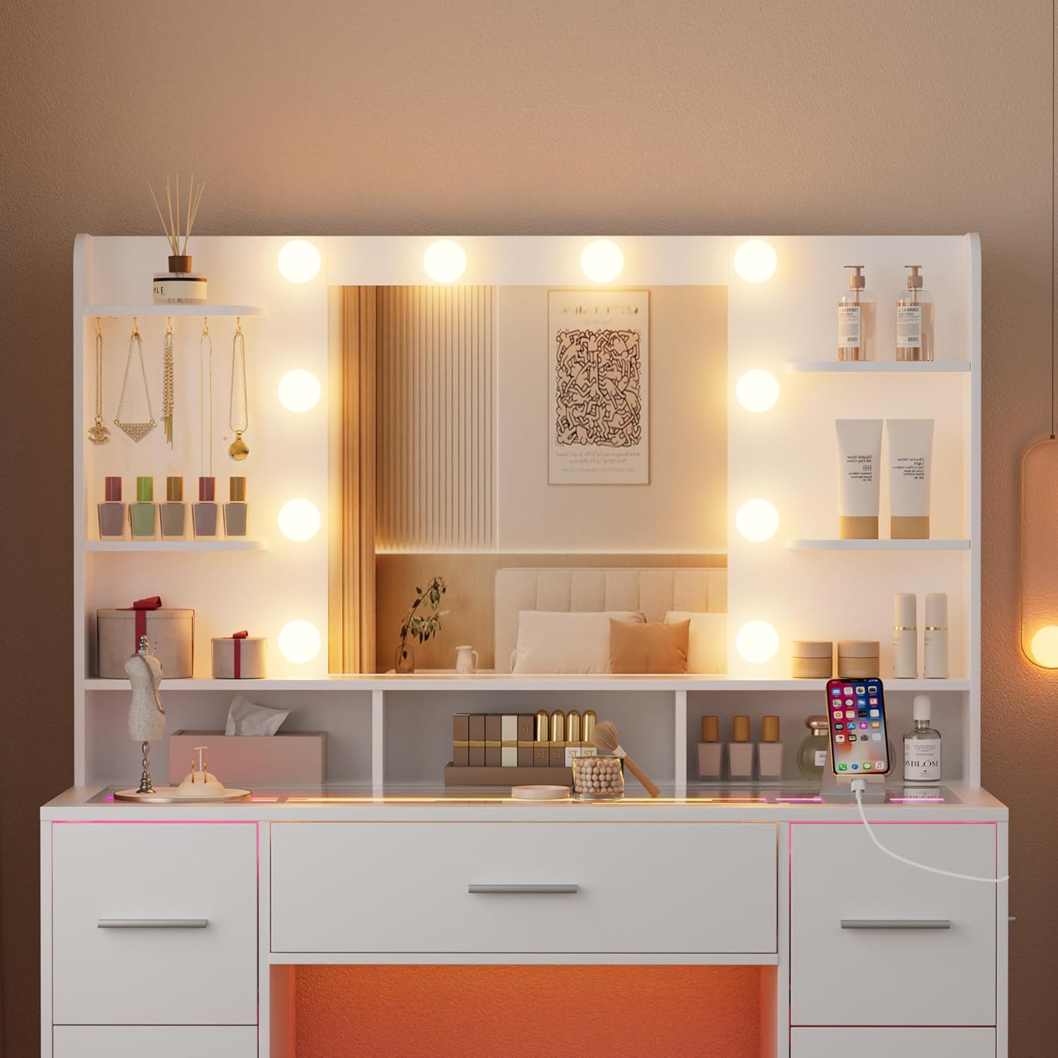 Schminktisch mit LED-Spiegel & Arbeitsplatz, 120x60x175 cm 6 Schubladen inkl. USB-Steckdose, Hollywood-Beleuchtung 3 Modi, 8 Ablagen, 14 Haken, 32 cm Kosmetikschrank, Ohne Hocker (Large 2)