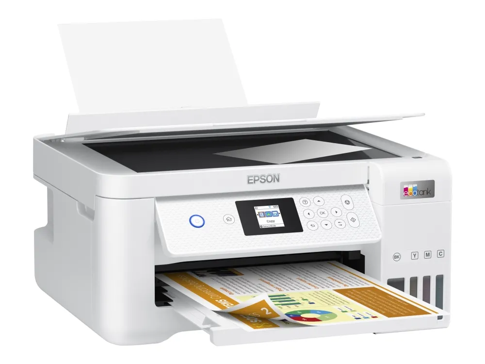 Epson EcoTank ET-2856 - Multifunktionsprinter - farve - blækprinter - kan genopfyldes - A4 (medie) - op til 10.5 spm (udskriver) - 100 ark - Wi-Fi, USB - hvid