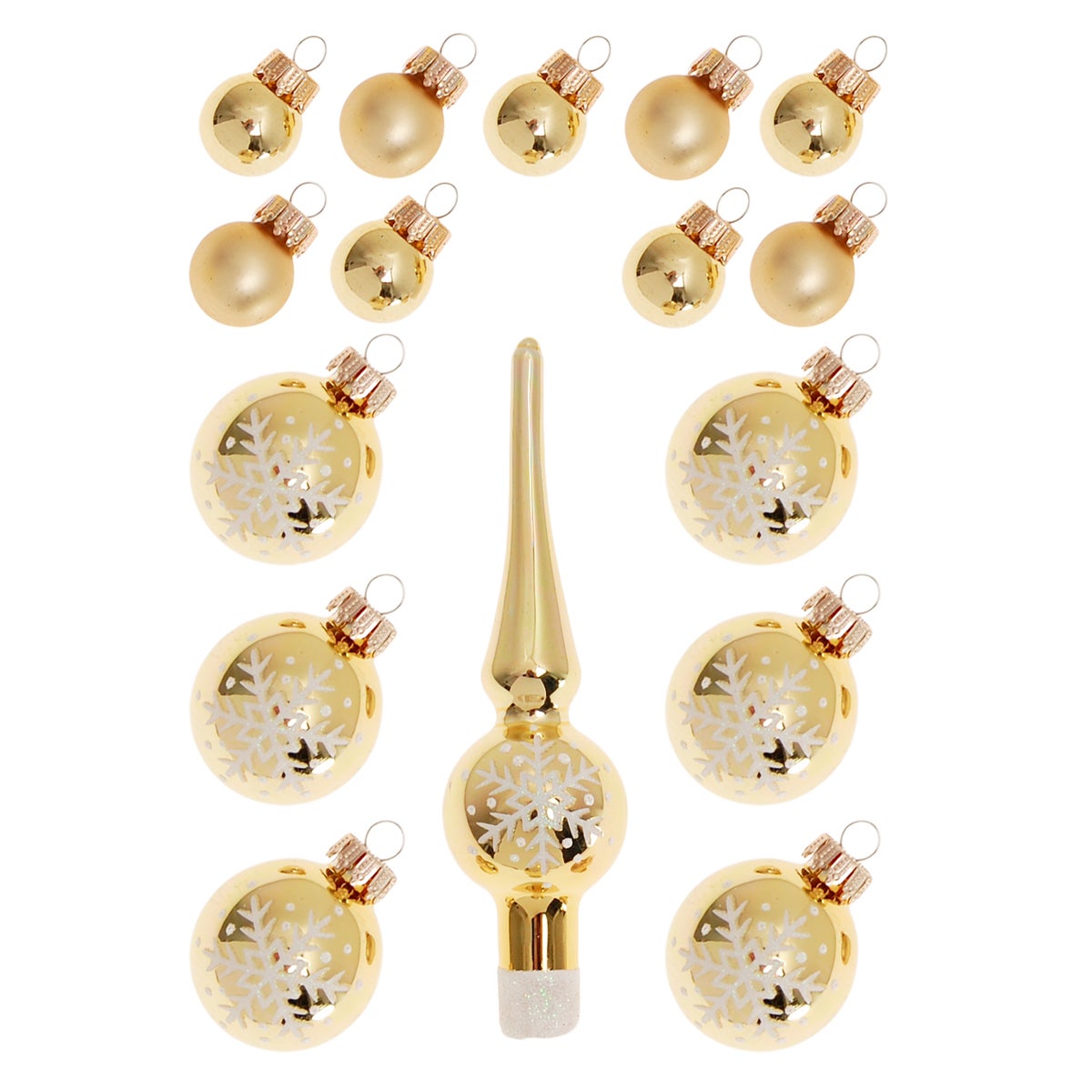 Gouden mini glazen decoratieset, 2cm en 3cm ballen, 12cm spike, met de hand versierd, 16 stuks, kerstballen, kerstversieringen, kersthangers