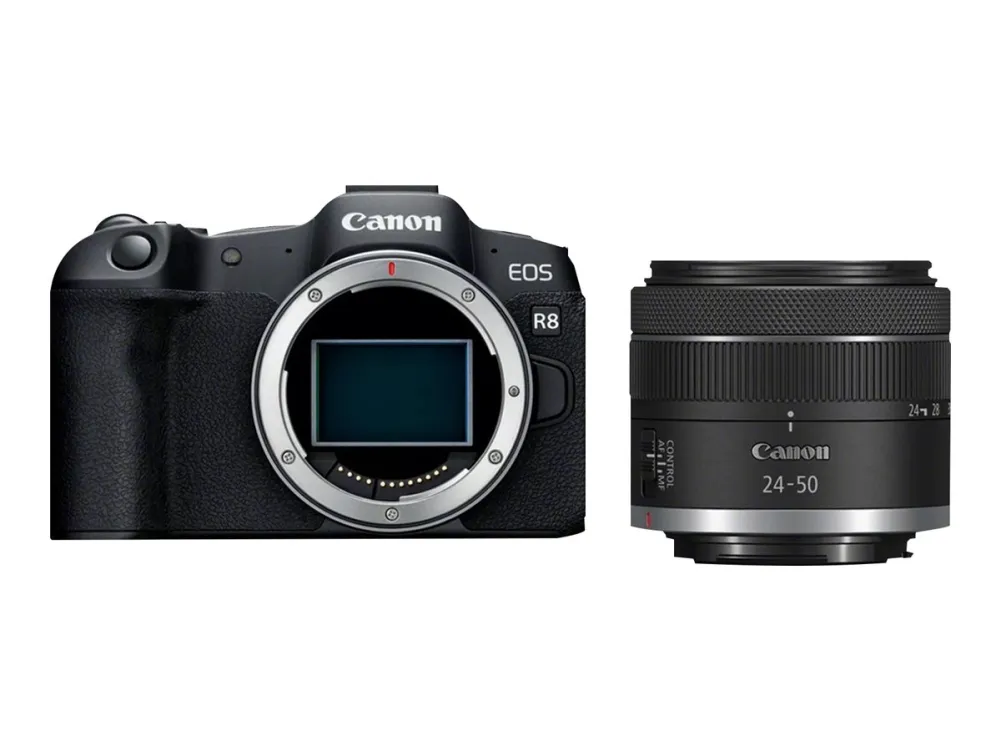 Canon EOS R8 - Digitalkamera - spejlløst - 24.2 MP - Full Frame - 4K / 60 fps - 2x optisk zoom RF 24-50 mm F4.5-6.3 IS STM-objektiv - Wi-Fi, Bluetooth - sort