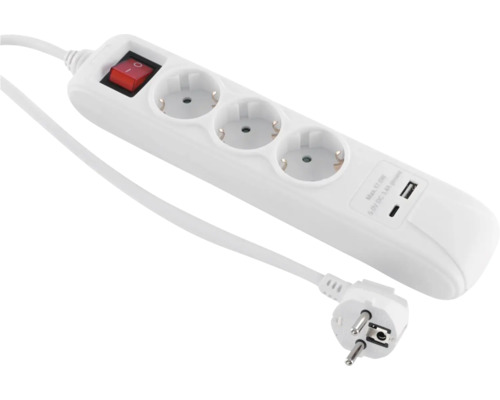 3-voudige stekkerdoos met 2x USB A + C, wit, 1,5 m