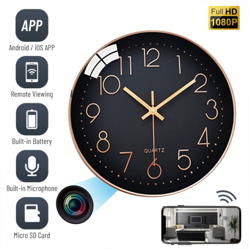 Wanduhr mit integrierter Mini WiFi IP Kamera Full HD 1080p mit Akku (2800mAh)   Micro SD Kartenslot (iOS/Android) - Bronze