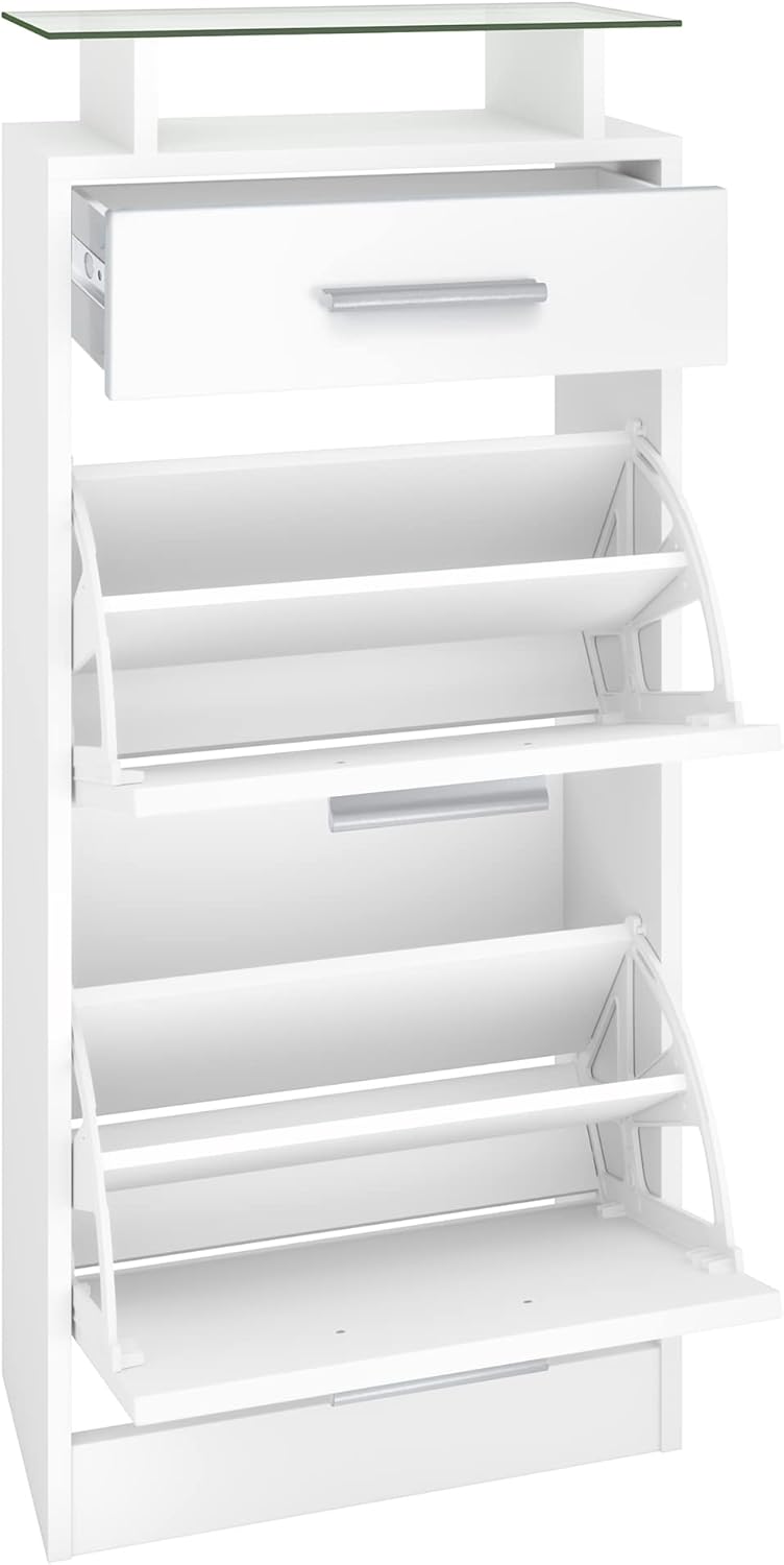 Vladon Schuhschrank Loret V2, Schuhkipper für 8 Paar Schuhe mit 2 Klappen, 1 Schublade und Glasablage, Weiß matt/Grau Hochglanz (46 x 104 x 23 cm)