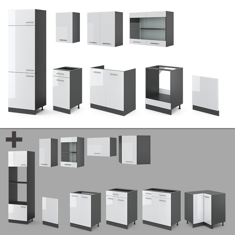 VICCO KÜCHE R-LINE 300 CM KÜCHENZEILE KÜCHENBLOCK EINBAUKÜCHE ANTHRAZIT WEISS HOCHGLANZ