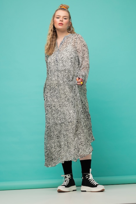 Maxikleid, A-Line, Chiffon, Zebra Muster, Rundhals, Langarm