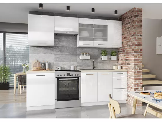 Cuisine complète Vera 7 éléments blanc brillant L 180/240 cm sans plan de travail