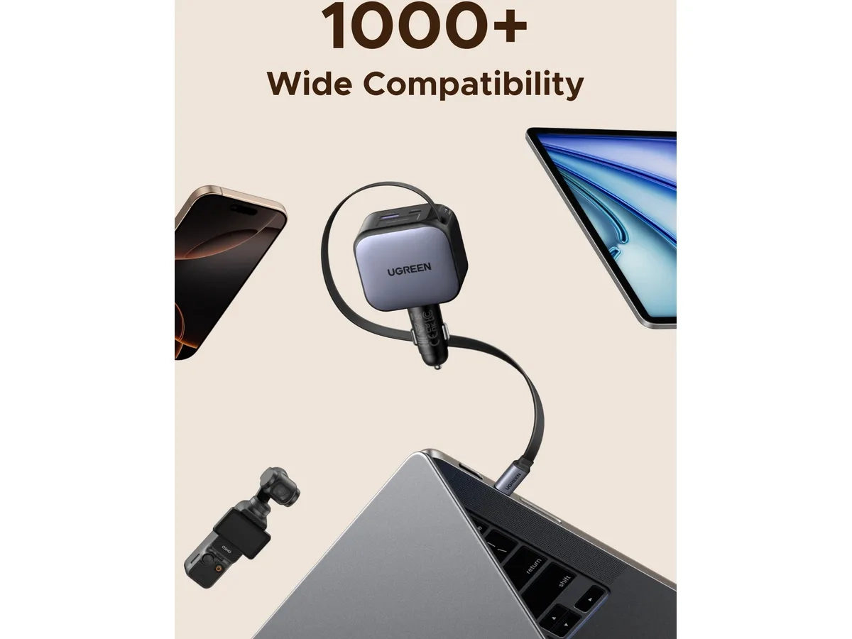 (90W) USB C / USB A Auto Ladegerät Fast Car Charger mit ausziehbarem USB C Ladekabel (55909B) - Silber / Schwarz