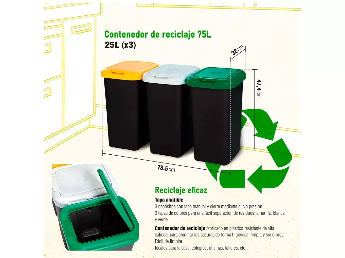 Définir les bacs de recyclage de 75 litres en plastique total 79 x 33 x 48 cm