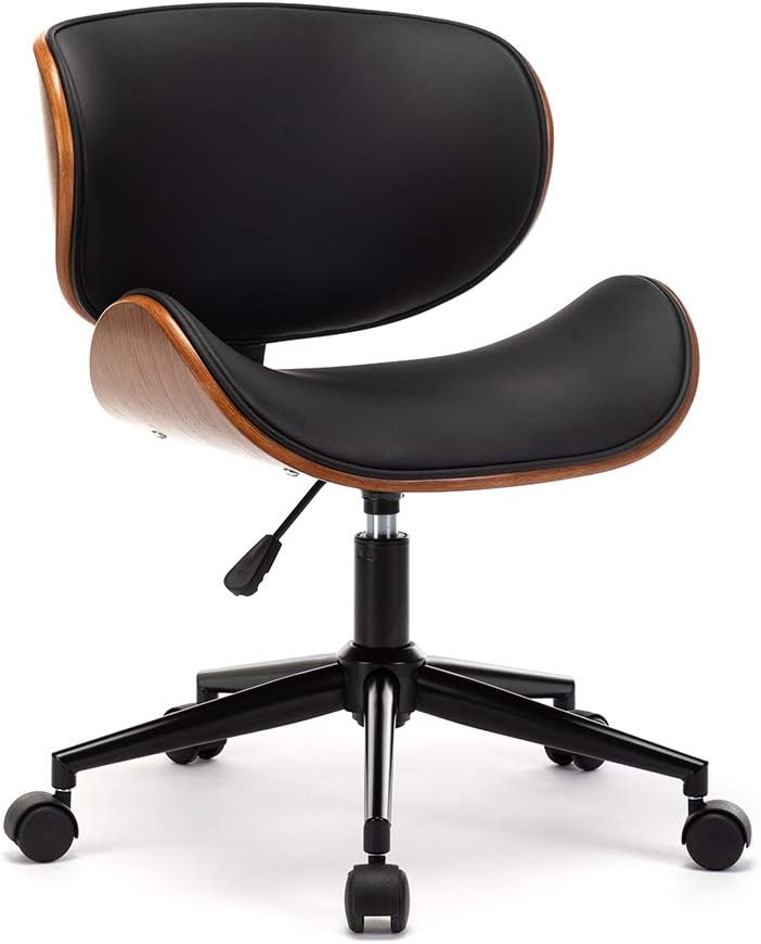 Mingone Bürostuhl Holz Computerstuhl Schreibtischstühle Leder Drehstuhl 360° Höhenverstellbar Design Home Office Chair mit Rückenlehne，Schwarz bis 130kg