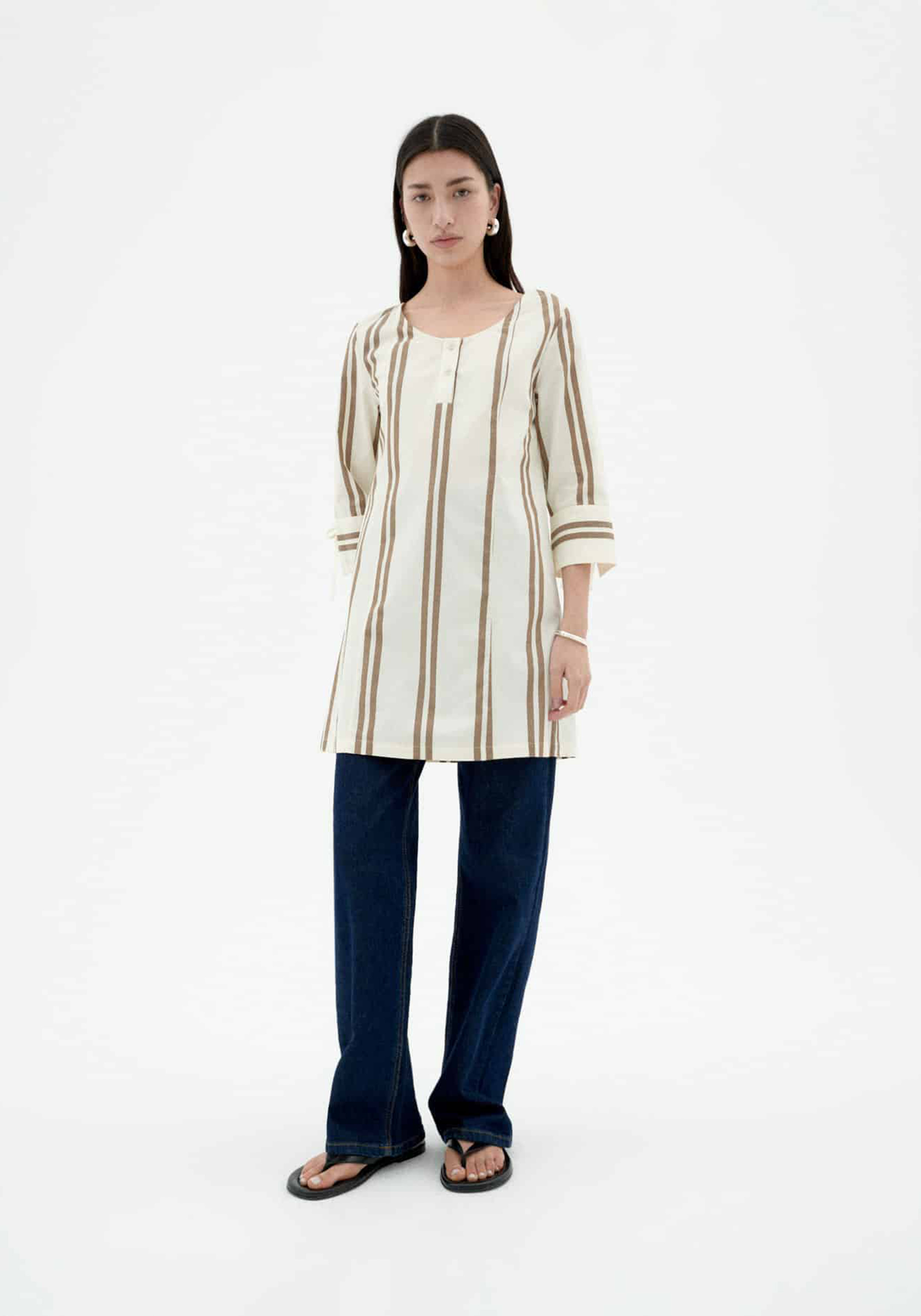 Thinking Mu Kleid Maria Otter Polplin Stripes Ecru