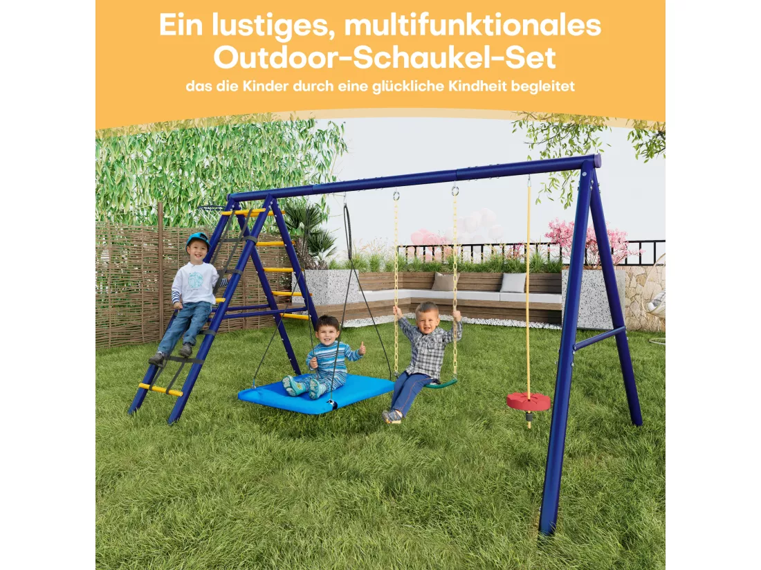 Ensemble de jeux extérieur multifonctionnel pour enfants – 3 balançoires, toboggan, panier de basket, structure d'escalade, balançoire suspendue et cordes