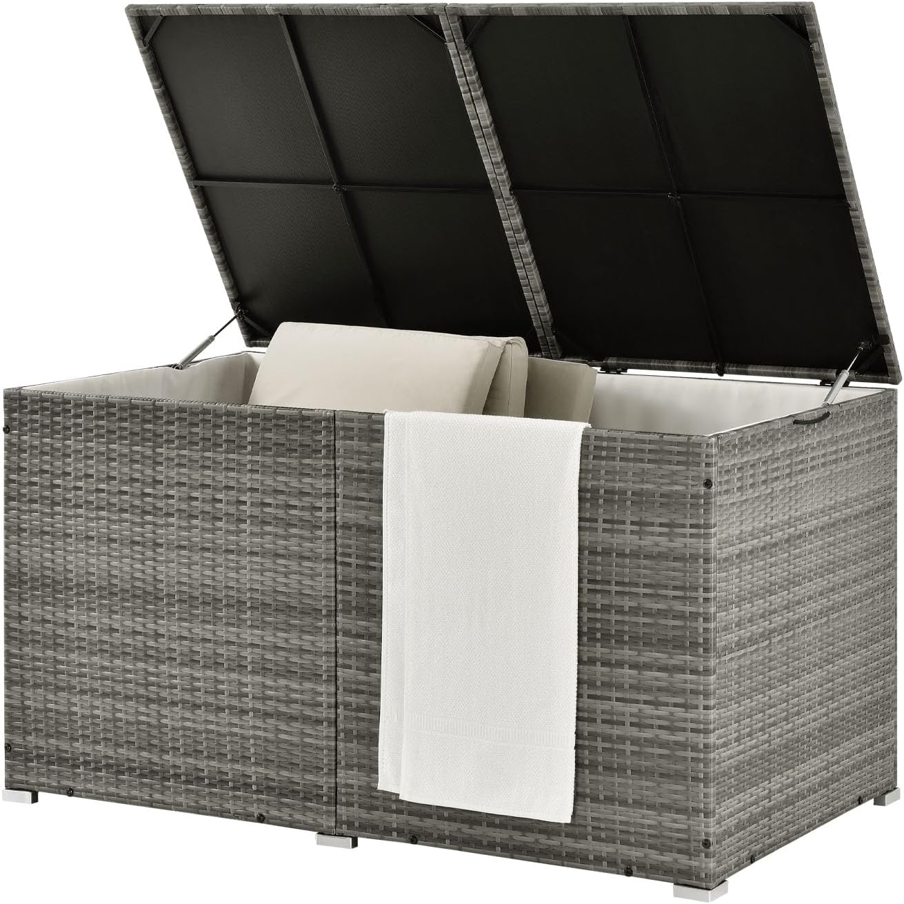 Juskys Polyrattan Auflagenbox Ikaria 950 L inkl. Deckel mit Hubautomatik & Innenplane - Kissenbox 145 x 82 x 79 cm für Garten - Gartenbox grau-meliert