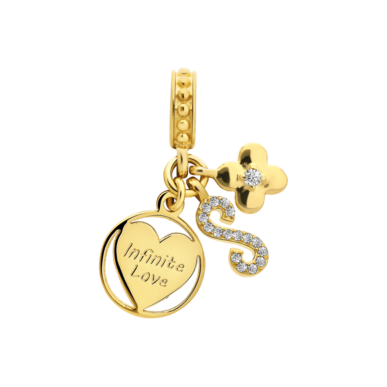 Zilveren goldplated bedel hart, infinity en bloem