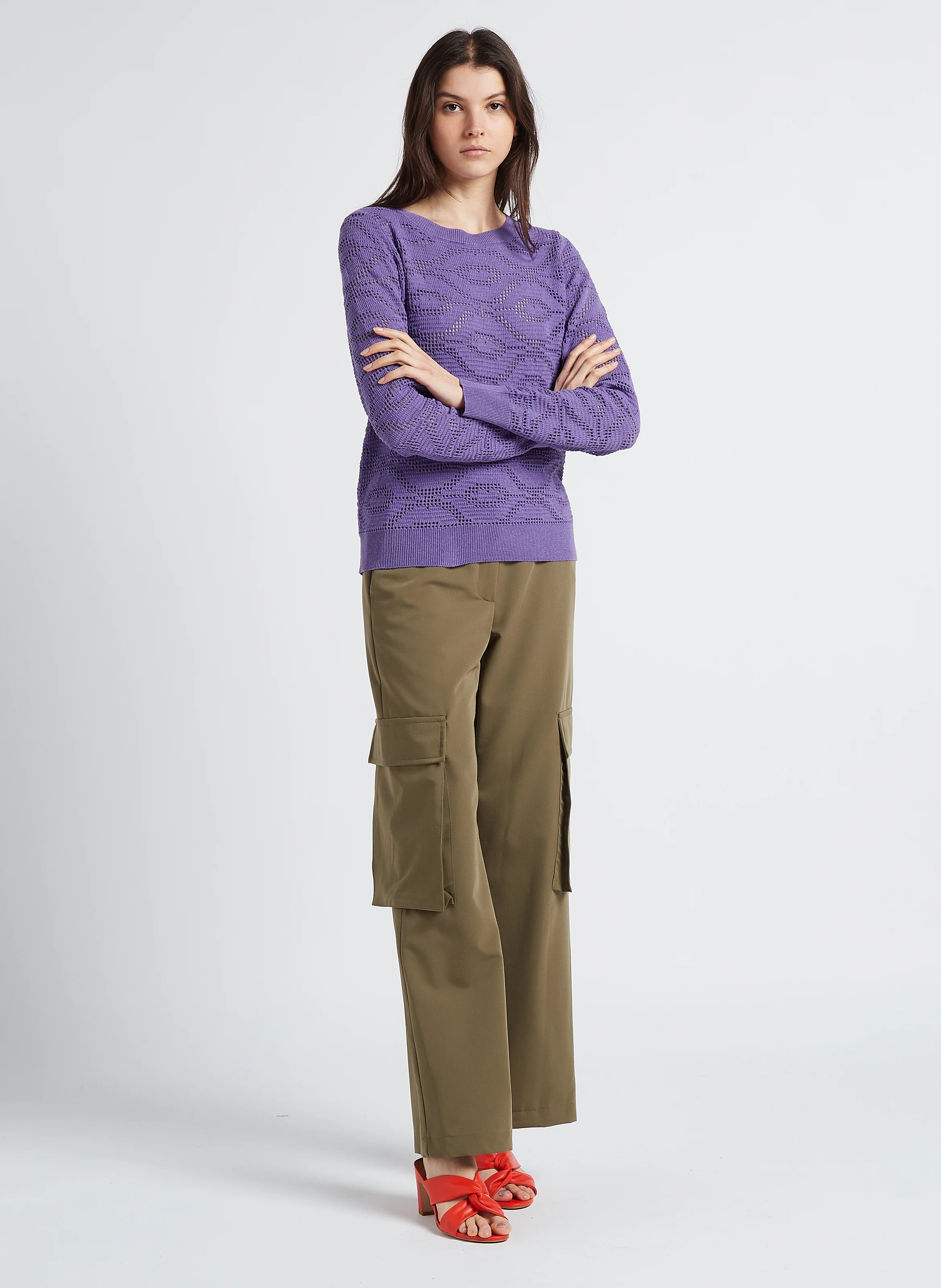 PERPLEXE - Pull col rond ajouré en coton mélangé | Violet