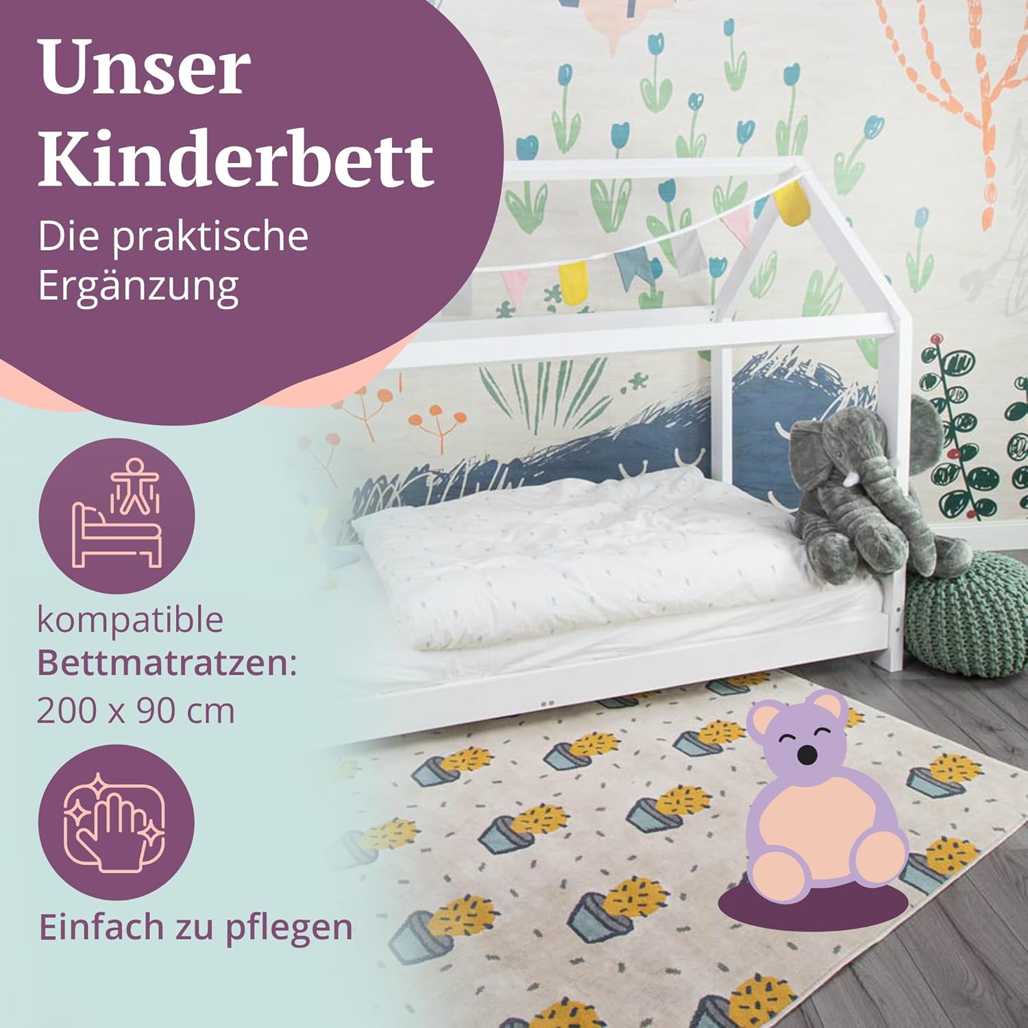 Puckdaddy® Finn | Hausbett 90x200 cm | Kinderbett aus Holz in Weiß | Bettrahmen im Hausbett-Design | Roll Lattenrost 90x200 | Hochwertiges Kinderzimmer & Jugendbett | Bett für Kinder von 3-16 Jahren