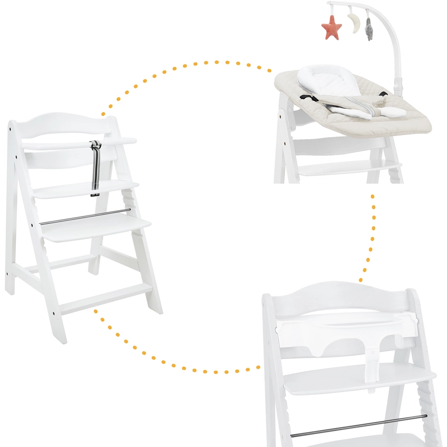 509 Crew SKY Hochstuhl natur inkl. Bouncer stone white und 2-in-1 Essbrett weiß