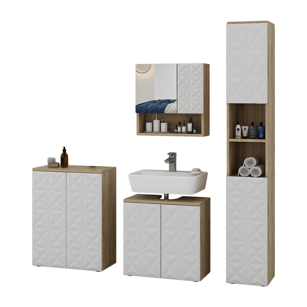 Vicco Badmöbel-Set Badezimmer-Möbel Bad-Schrank Edge Eiche Weiß modern Badezimmerschrank Waschbeckenunterschrank Spiegelschrank Hochschrank Badezimmerkommode