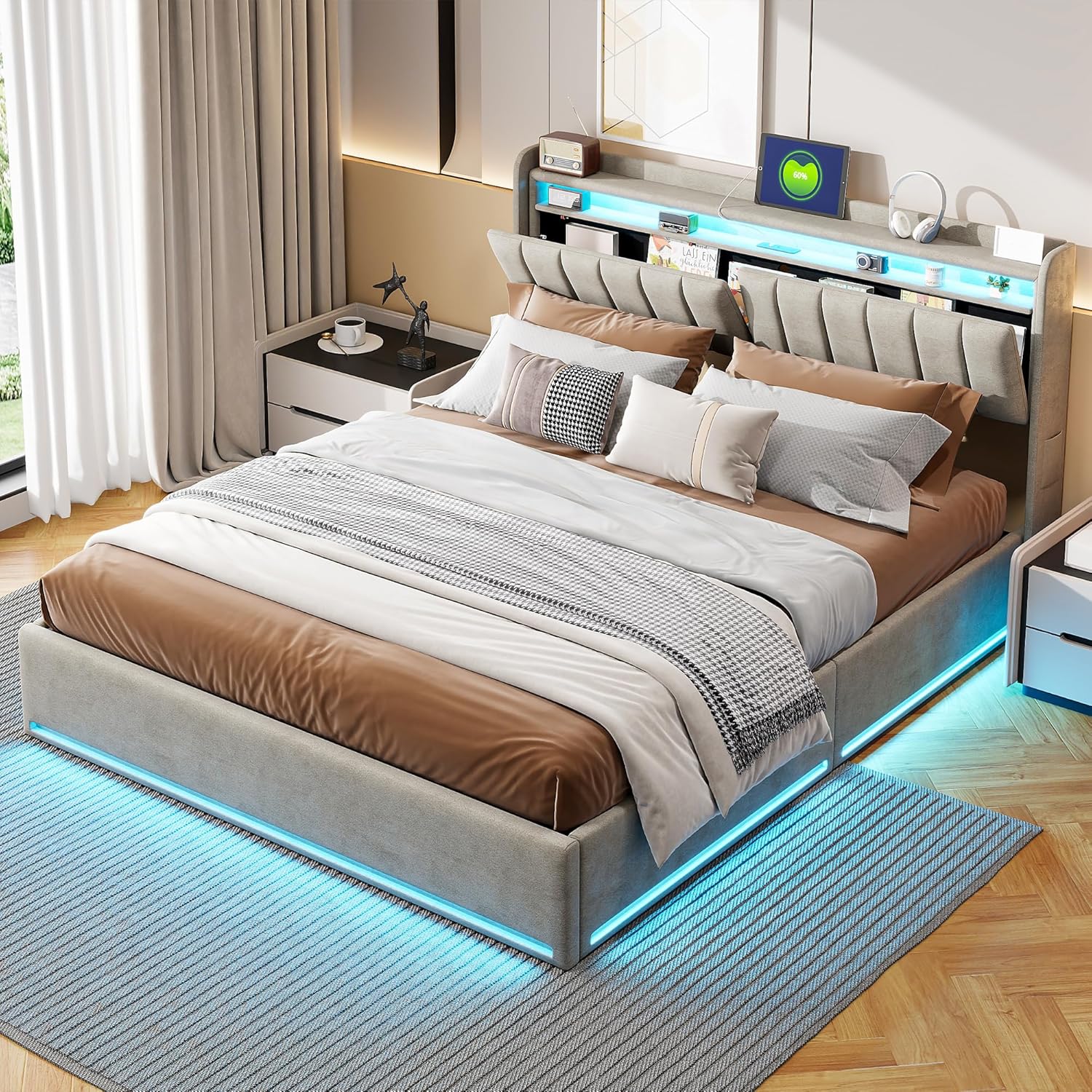Polsterbett 160x200 cm,Doppelbett mit LED-Beleuchtung und Aufladen USB,Stauraumbetten mit Stauraum Kopfteil und Lattenrost,Jugendbett Stauraumbett Bettgestell,Bett mit Lattenrost (Grau, 160 x 200cm)